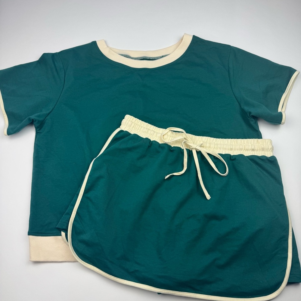 Ladies Teal and Cream Ringer Tee & Skort Set